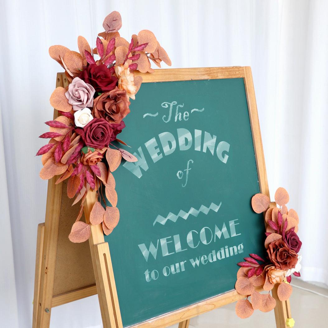Simulated Autumn Rose Eucalyptus Leaf Silk Flower Wedding Welcome Sign Flower Art Guide Sign Prop